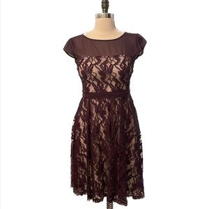 Dress Barn Collections floral lace dress with sheer neckline and keyhole back.